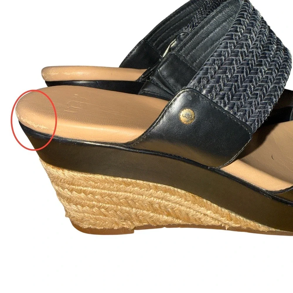 UGG Adriana Wedge Sandals Womens 8.5 Espadrille Slide Black Leather Braided Logo